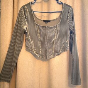 Haute Monde Ribbed Velvet Corset Crop Top Long Sleeve Gray Size Medium
